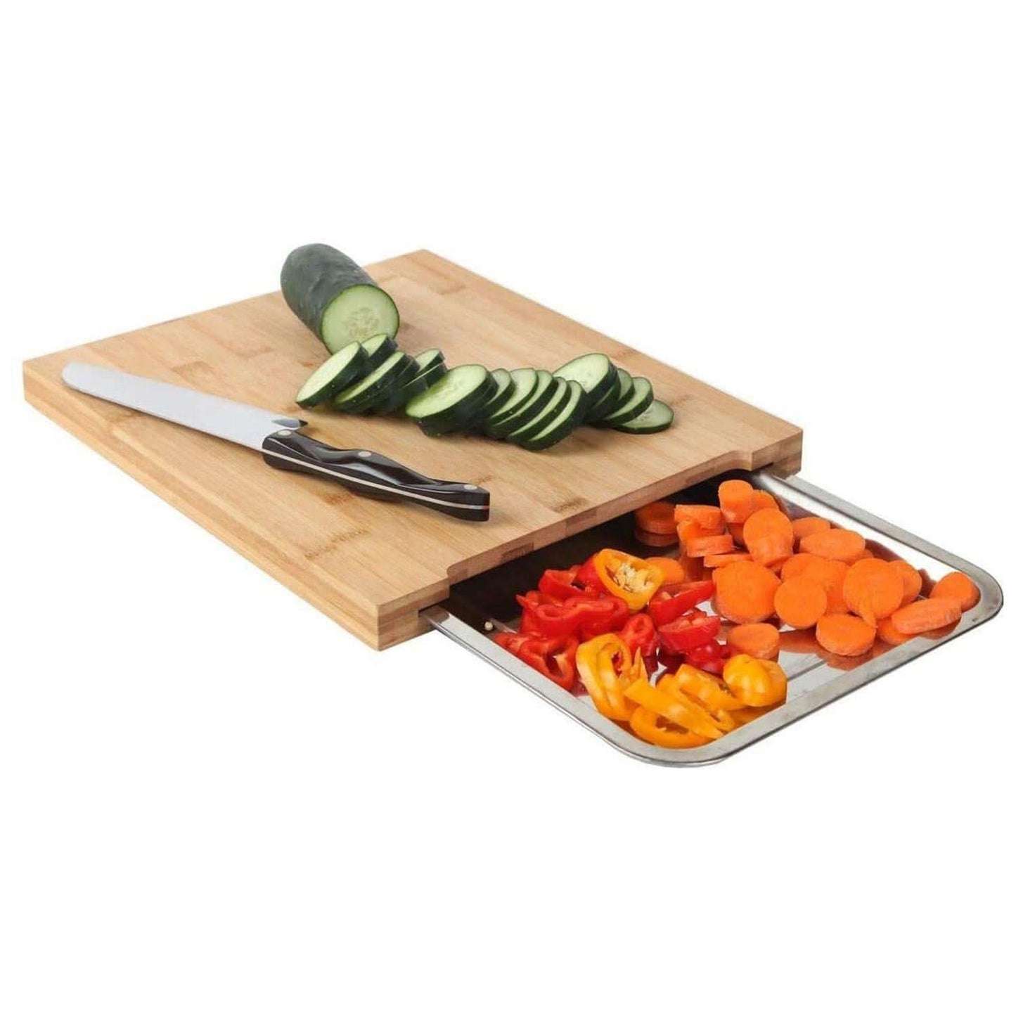 Wooden Bamboo Chopping Board with Sliding Stainless Steel Tray – Durable Cutting and Slicing Surface for Everyday Kitchen Use