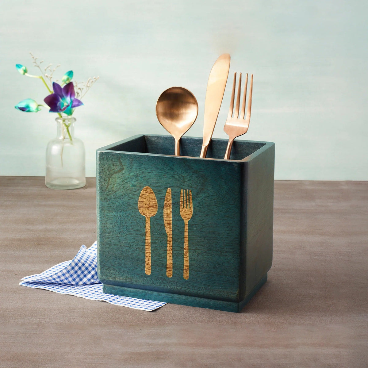 Blue Wood Utensil Holder, Handcrafted, Cobalt Finish, Cutlery Organizer Stand
