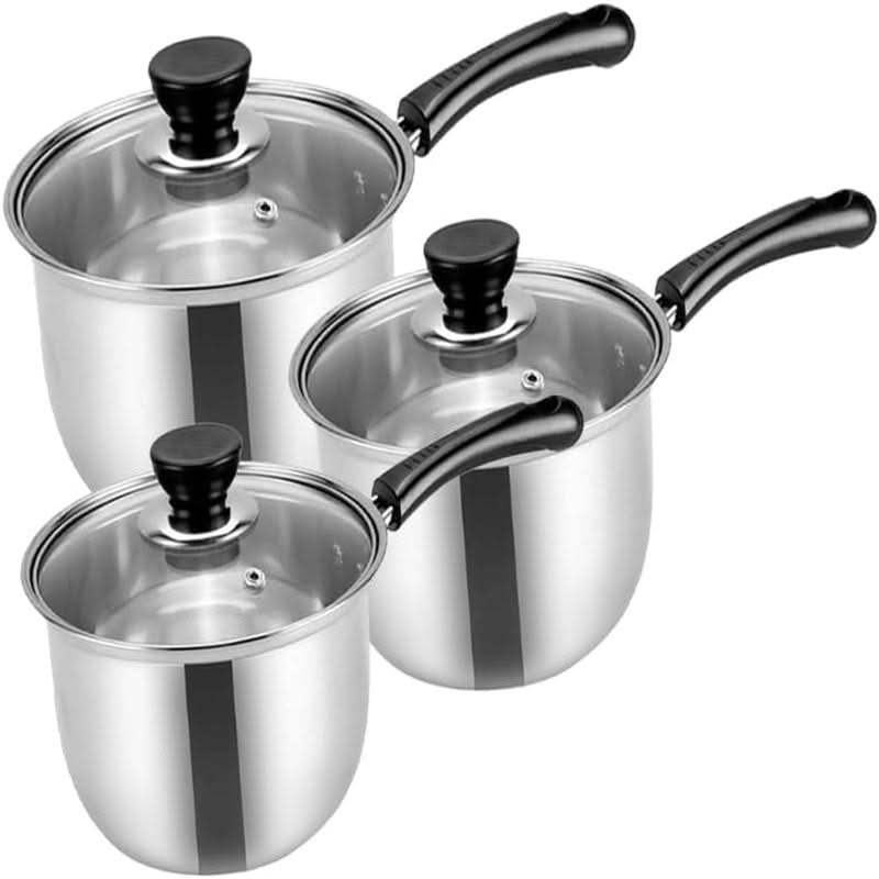 3-Piece Stainless Steel Saucepan Set with Glass Lids – Includes 16cm, 18cm, & 20cm Pans, Compatible with Induction, Gas, and Electric Hobs