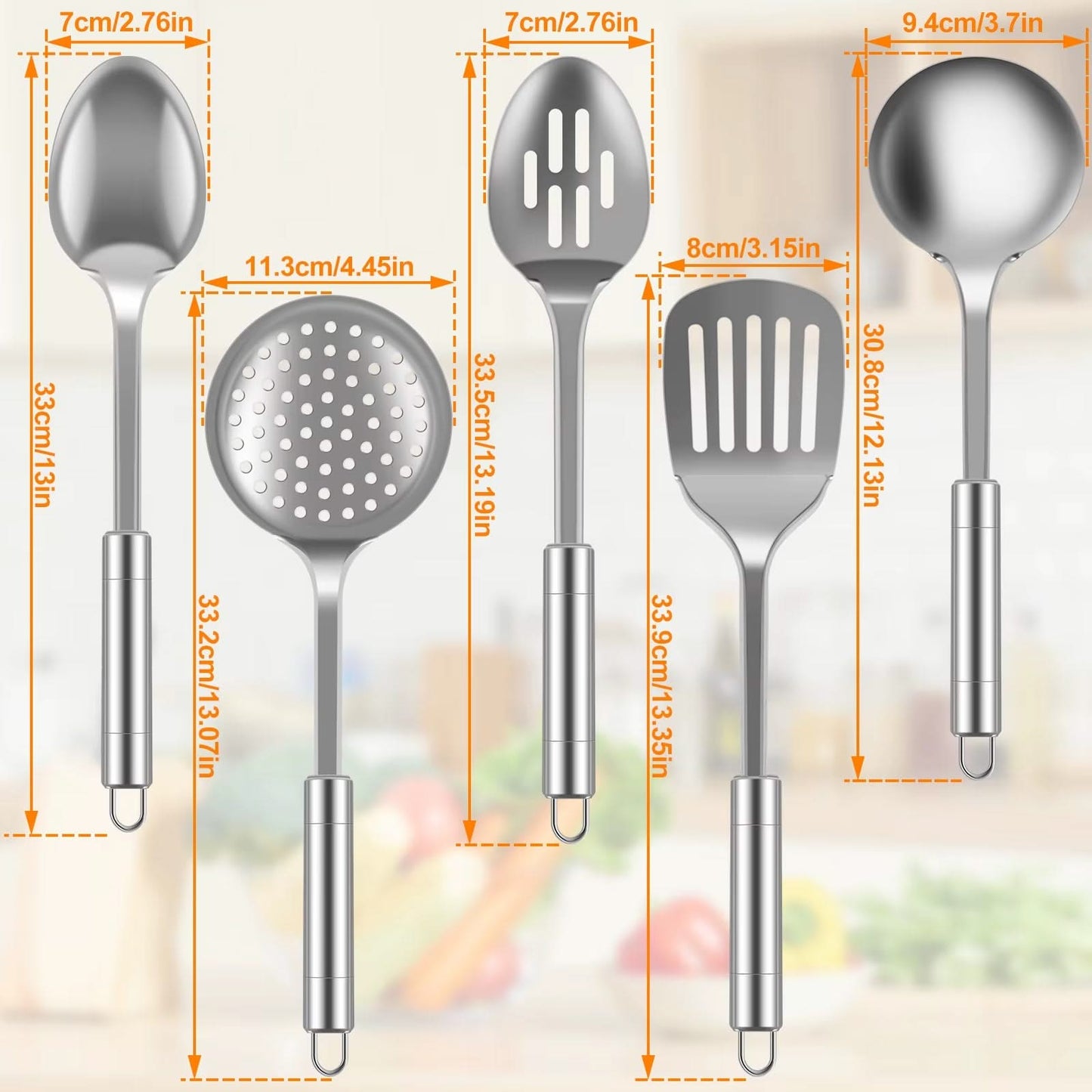 5/10-Piece Stainless Steel Kitchen Utensils Set – Reusable Cooking Tools with Hanging Holes, Includes Spoons, Spatulas, and More