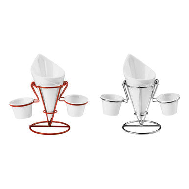 Red Metal French Fry Cone with 2 Dip Dishes