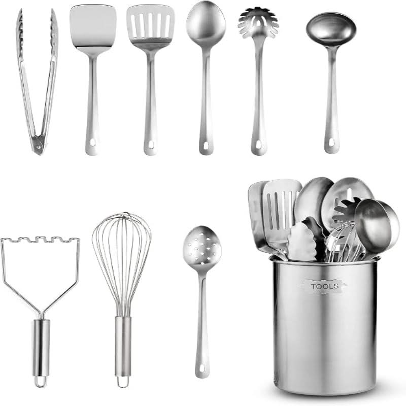 10-Piece Stainless Steel Utensil Collection – Premium Nonstick, Heat-Resistant Tools for Every Task: Turner, Ladle, Spaghetti Server, Tongs, Serving Spoons, Whisk, Potato Masher & Handy Holder Organizer