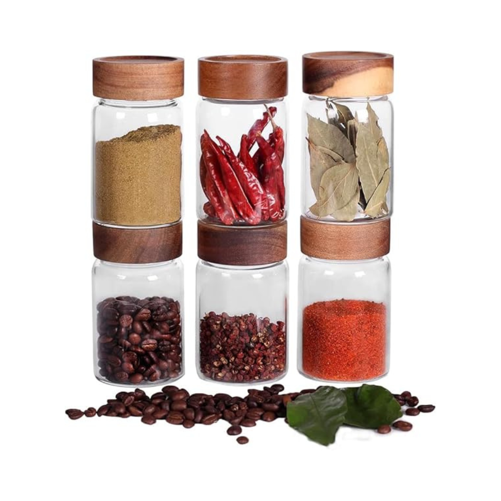 Kitchen Storage Jars Borosilicate Glass With Wooden Lid Air Tight Jar, 750 ml, Pack of 6, Transparent