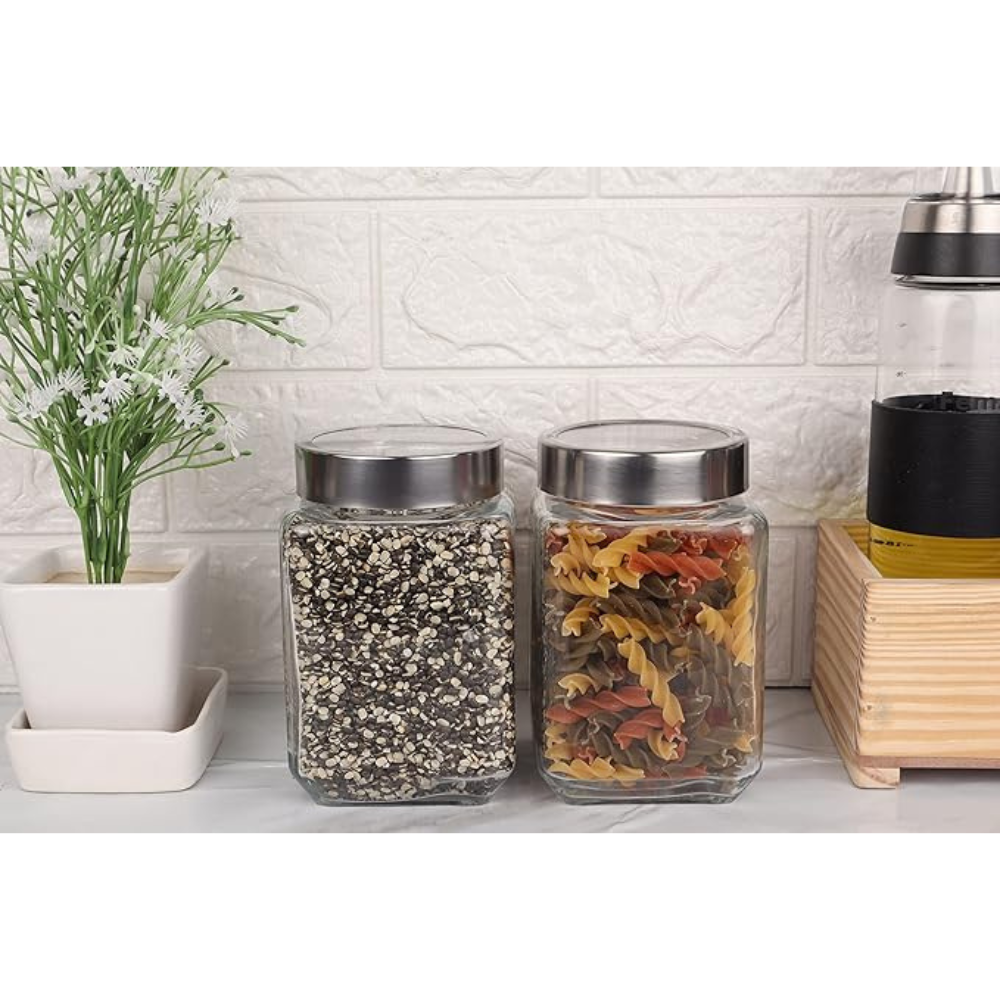 Kitchen Storage Jars Transperent Glass With Steel Lid Air Tight Jar, 1550 ml, Pack of 2