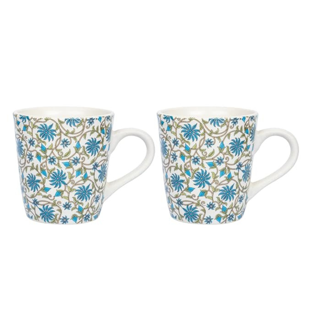 Decal Stoneware Coffee Mugs, 320 ml, Floral Jaal, Set of 2, Dishwasher Safe