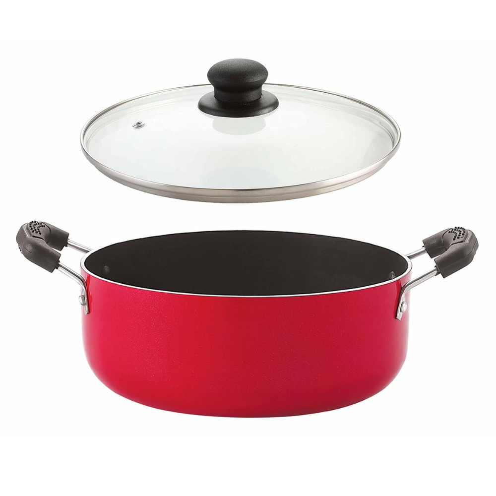 Aluminium 3 Layer Nonstick Biryani Pot, Casserole 22 cm, With Glass Lid, Red, 2.6 L