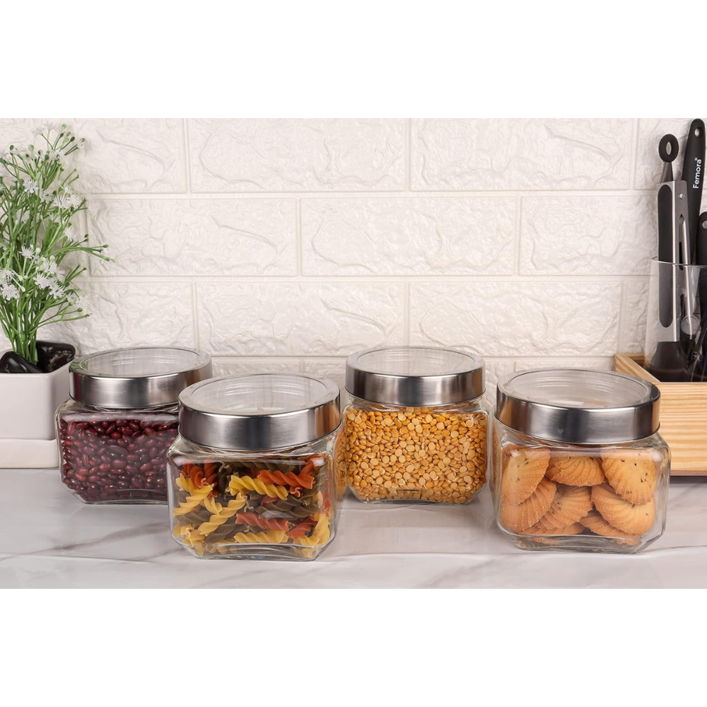 Kitchen Storage Jars Transperent Glass With Steel Lid Air Tight Jar, 850 ml, 1150 ml, Pack of 2