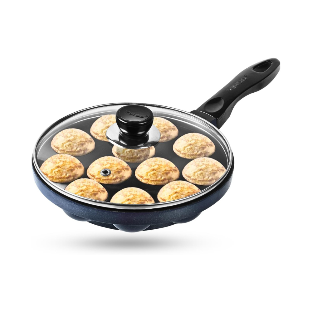 Aluminium Non Stick Paniyarakal With Glass Lid - 12 Cavities, 20.5 cm, 3 mm Thick, 3 Layer Coating
