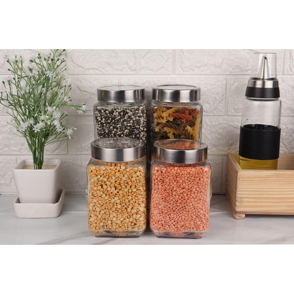 Kitchen Storage Jars Transperent Glass With Steel Lid Air Tight Jar, 1550 ml, Pack of 4