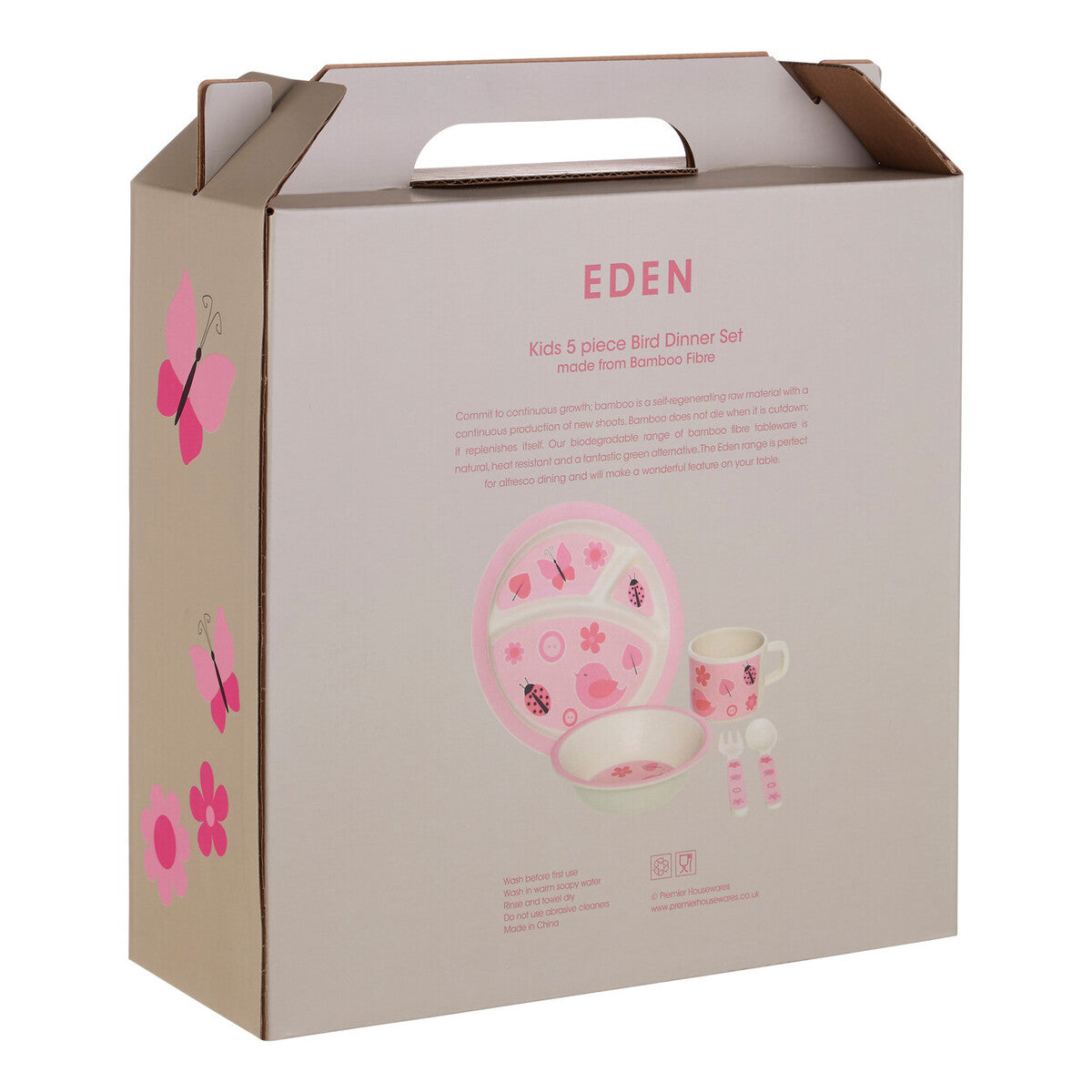Kids 5 Piece Pink Bird Bamboo Dinner Set