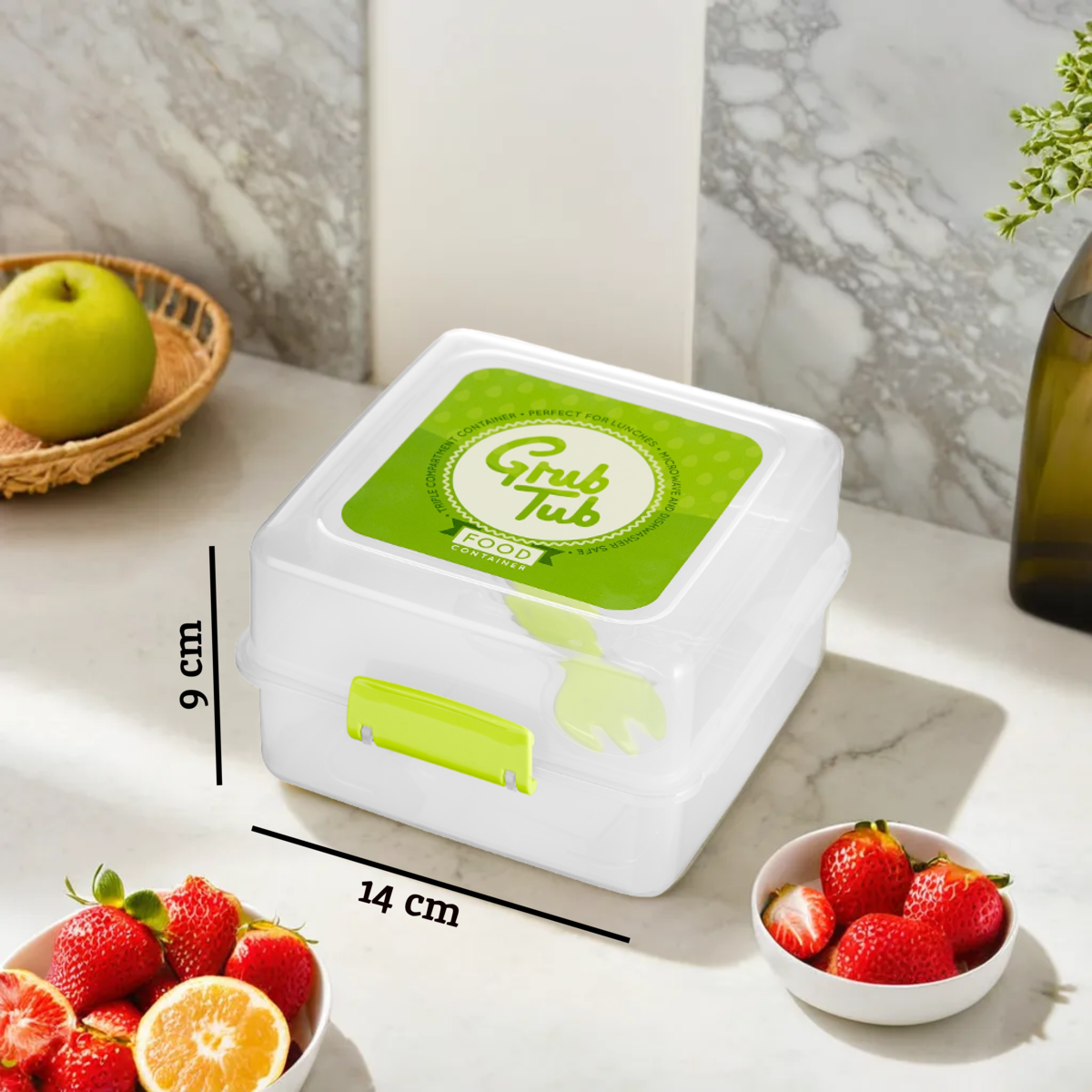 Clear Lunch Box with Green Accents and Cutlery
