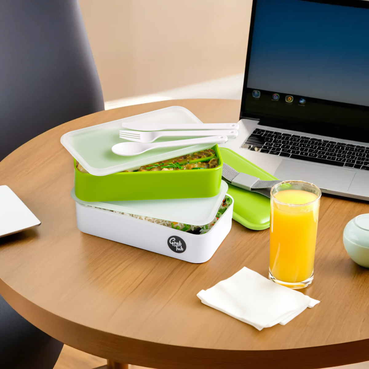 Green and White Stackable Lunch Box with Cutlery