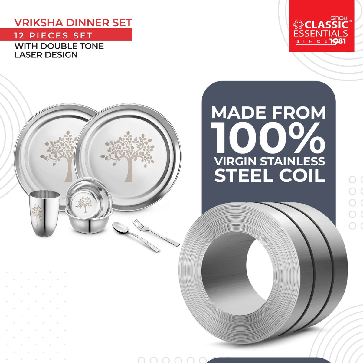 Stainless Steel 12 Piece Vriksha Dinner Set