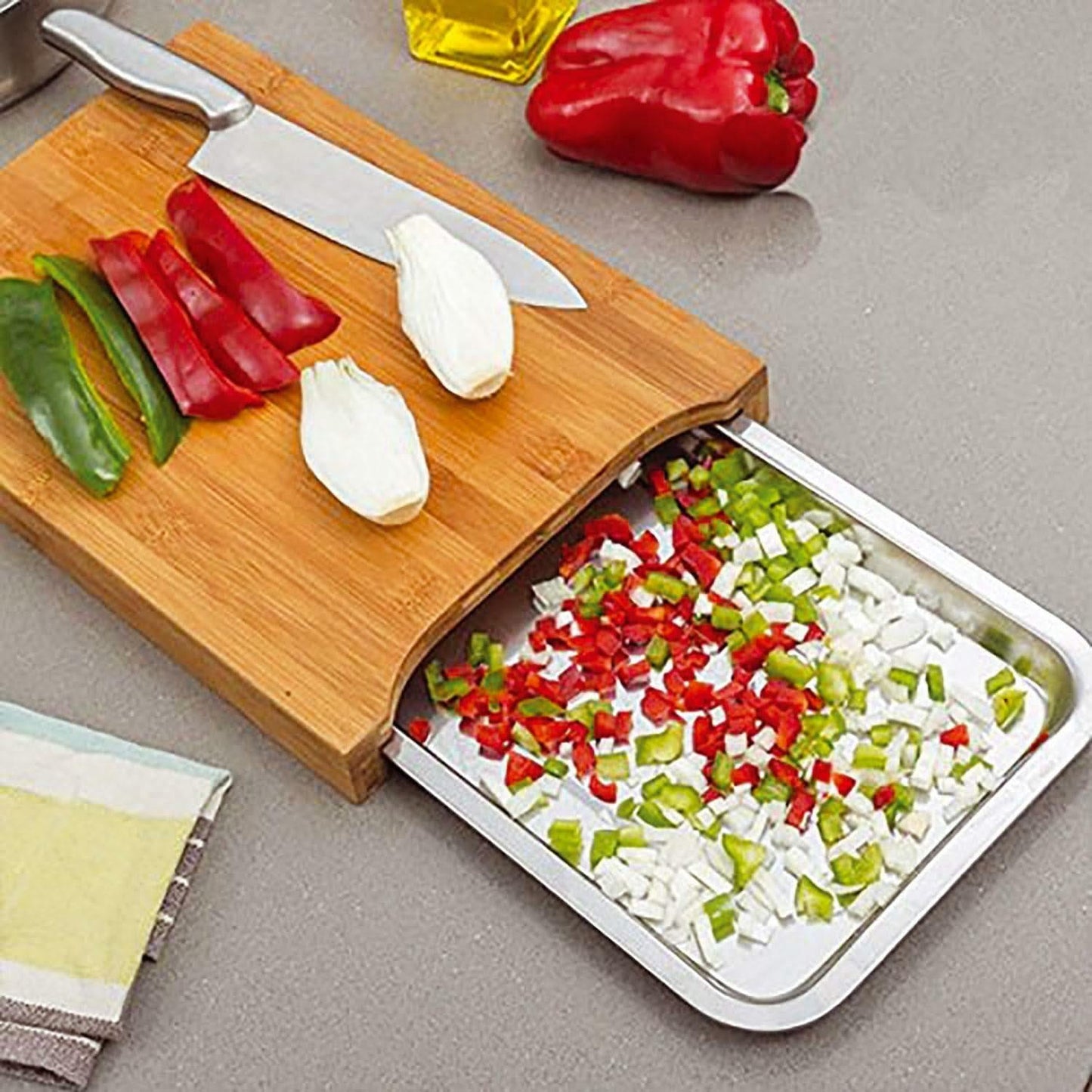Wooden Bamboo Chopping Board with Sliding Stainless Steel Tray – Durable Cutting and Slicing Surface for Everyday Kitchen Use