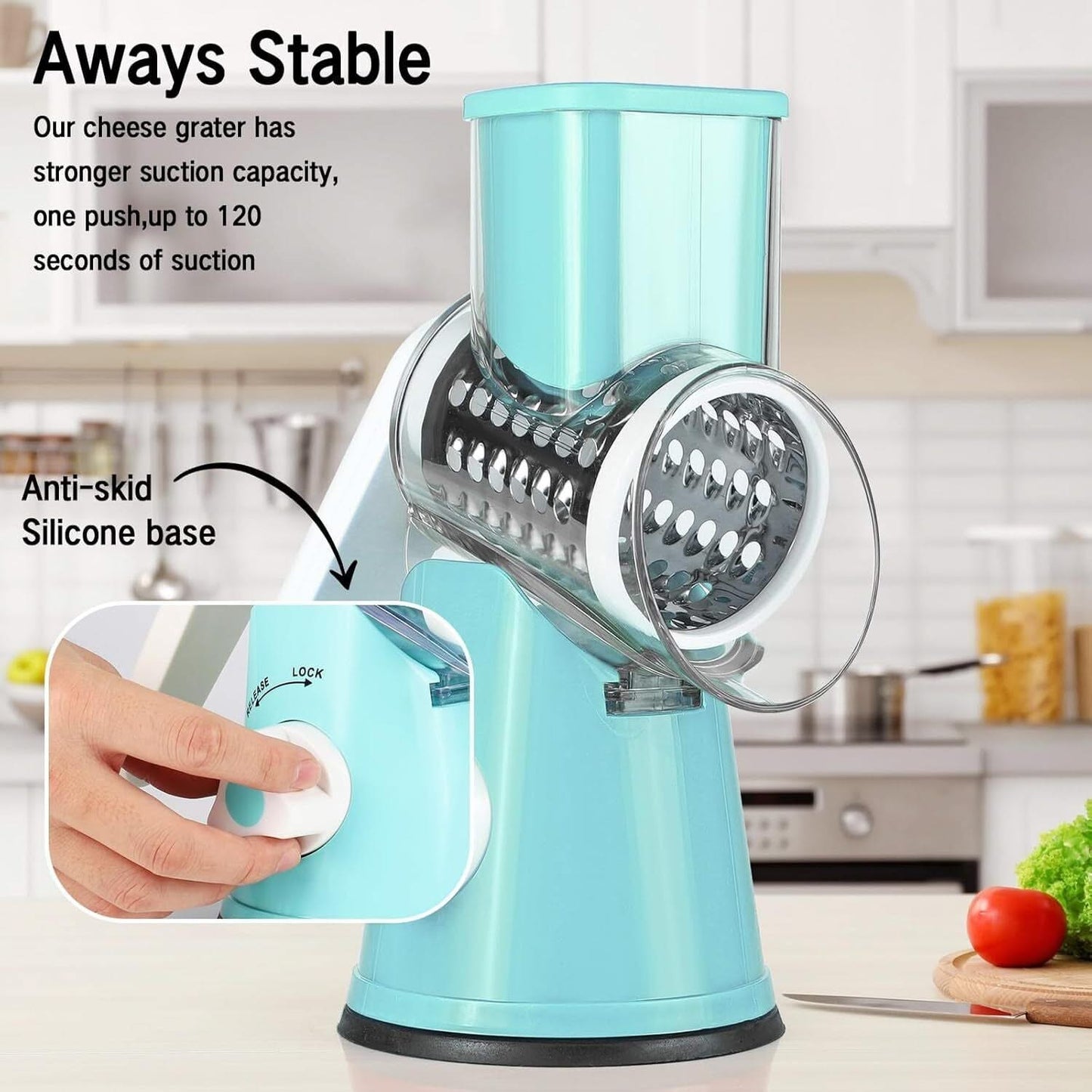 3 in 1 Rotary Cheese Grater – Multifunctional Slicer and Shredder with Easy-to-Swap Stainless Steel Interchangeable Rotating Drum Blades for Effortless Kitchen Prep Tool(Sky Blue)