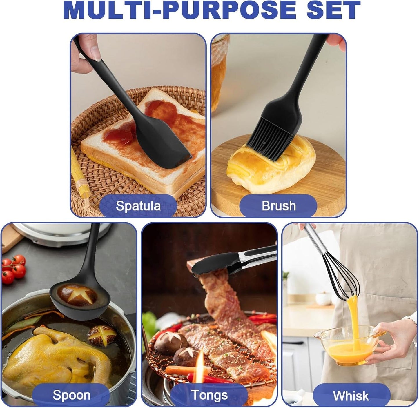 12-Piece Silicone Kitchen Utensils Set – Heat-Resistant Includes Holder, BPA-Free Non-Stick Spatulas and Tools, Perfect for Everyday Cooking (Black)