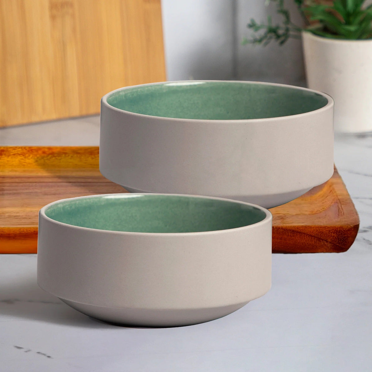 6 inch Sage Green Glazed Stoneware Bowls Set of 2 6.6 cm H x 15.3 cm Dia Soup Salad Dessert