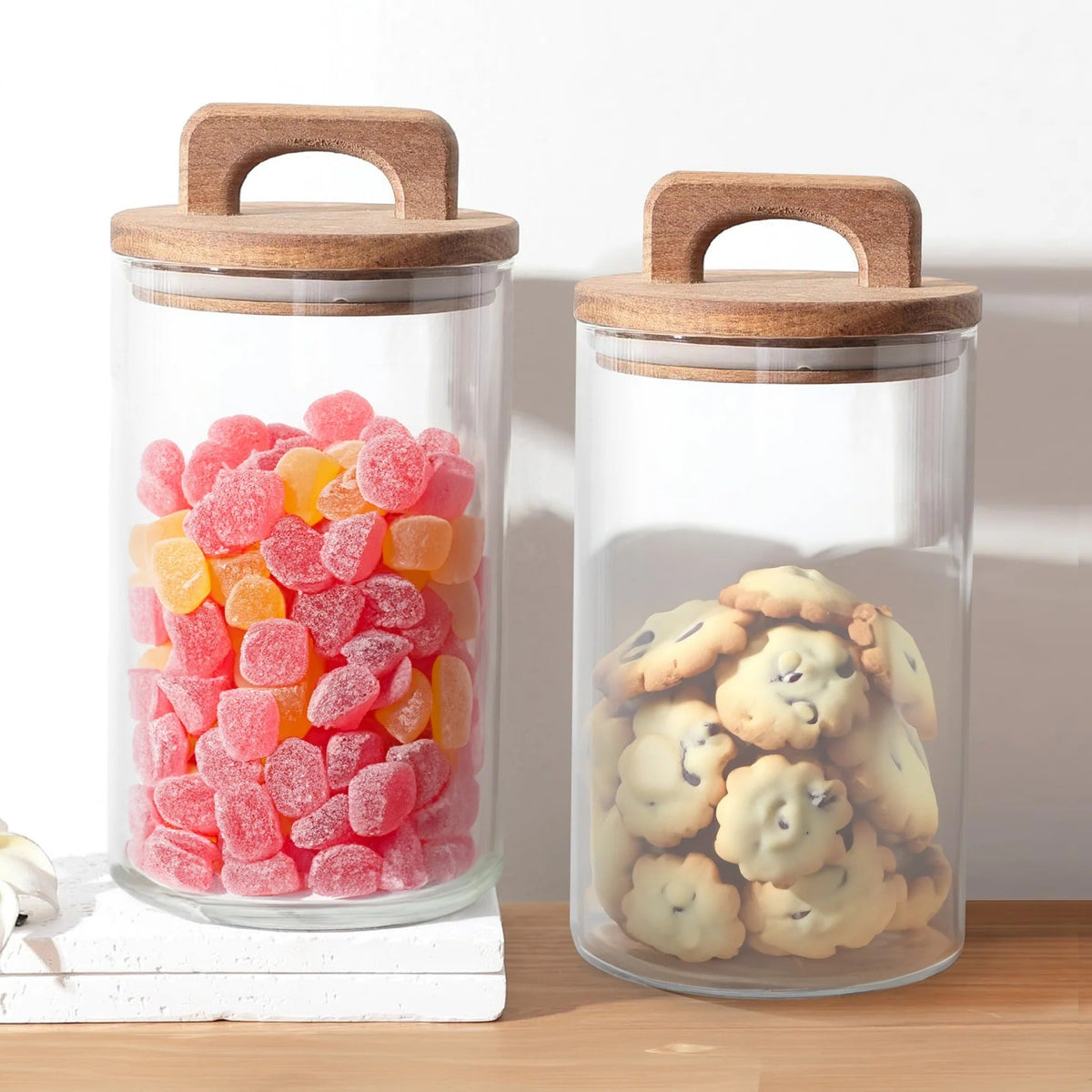 1000 ml Glass Jars with Wooden Lid, Set of 2, Airtight, Kitchen Storage