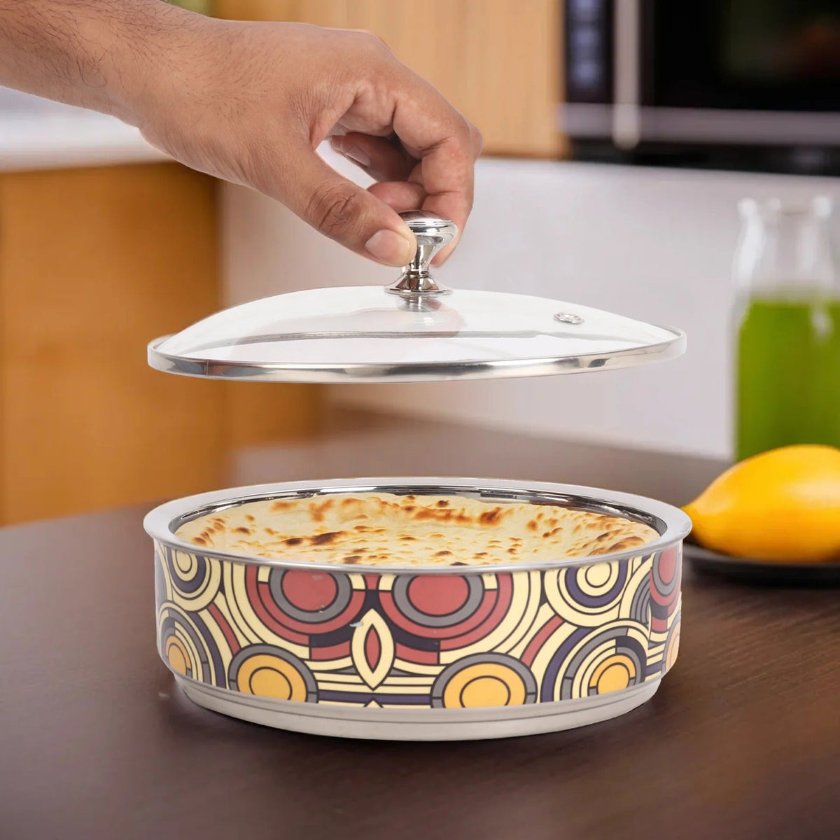 Double Walled Insulated Serving Casserole 1.5L Stainless Steel Hotpot Glass Lid Coaster