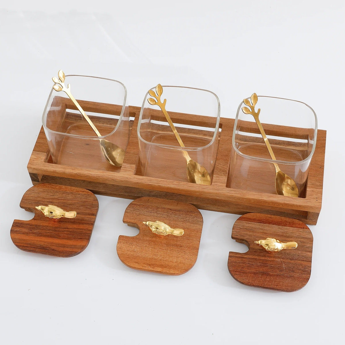 Platters Serving Set Wooden Tray + Spoon + 3 Glass Jars 380 ml Each Snacks Set