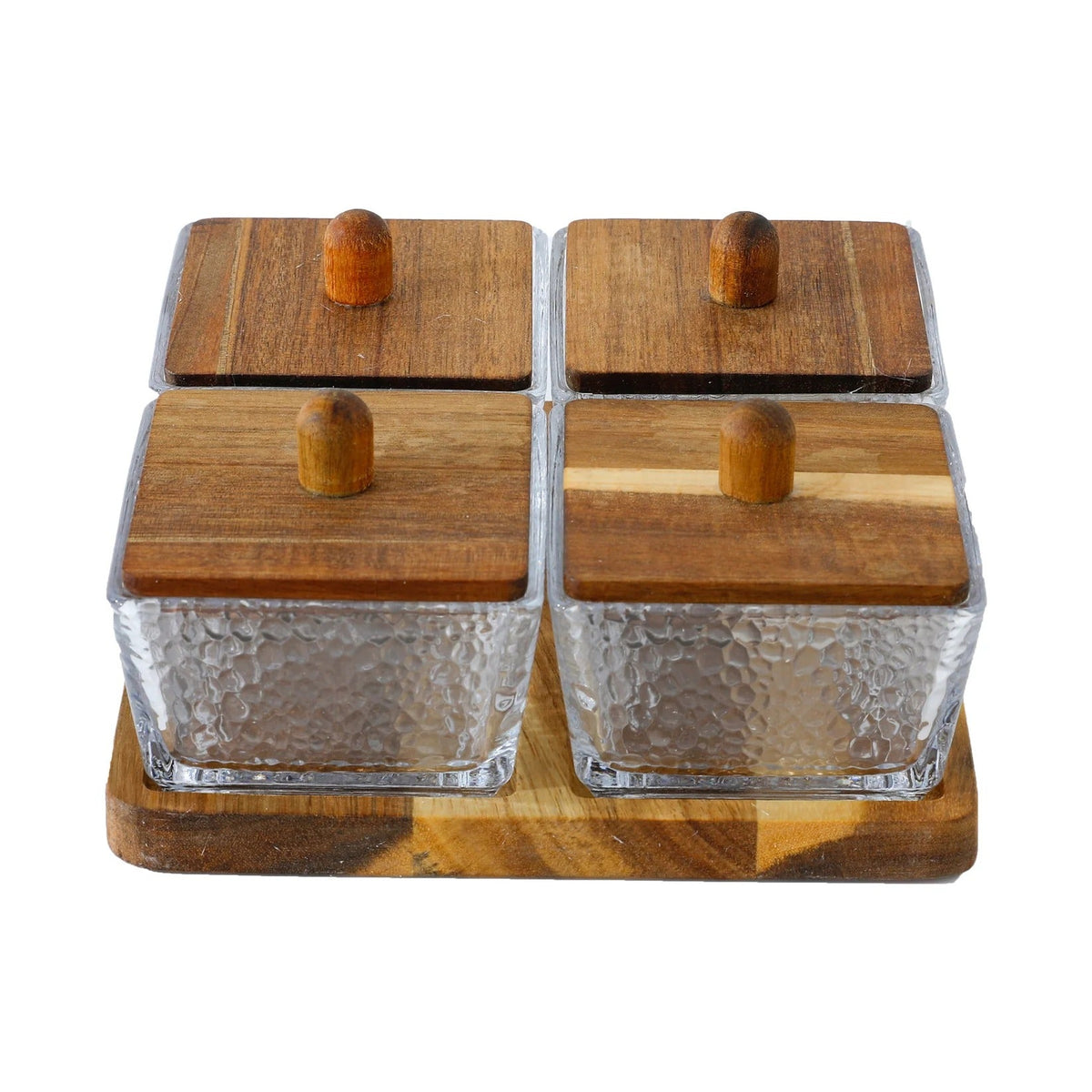 Platters Serving Set Wooden Tray + 4 Glass Jars 180 ml Each Snacks Housewarming Gift