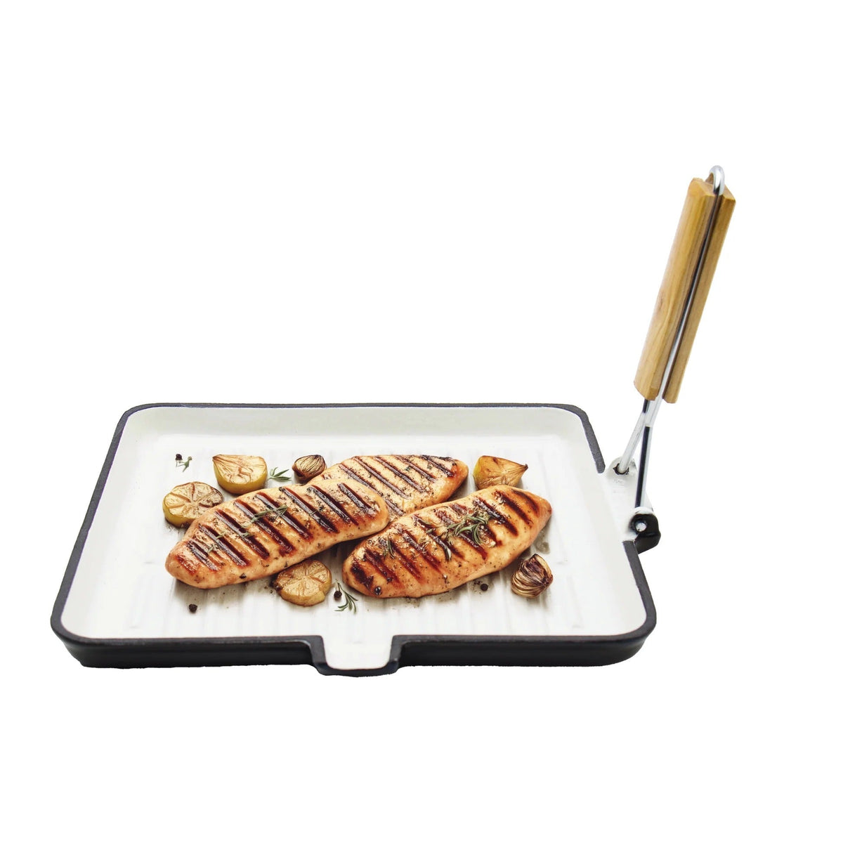 Enamel Coated Grill Pan Cast Iron 26 cm Silicone Sleeve Foldable Handle Rust Proof Gas Induction