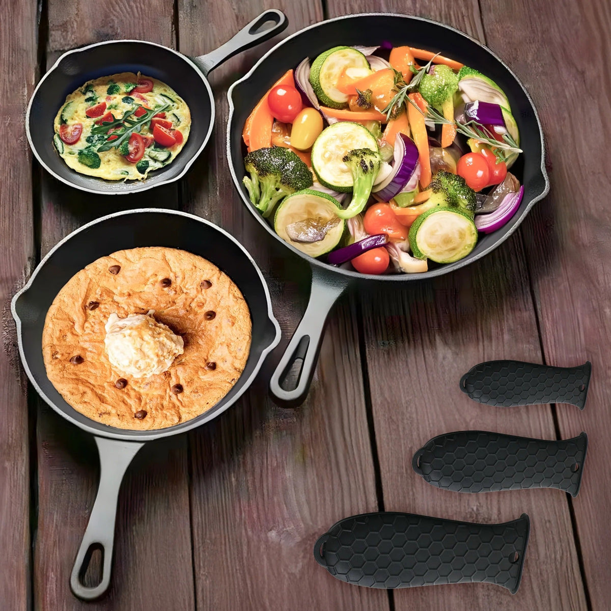 Cast Iron Cookware 3pcs 6 inch + 8 inch + 10 inch Enamel Coated Silicon Sleeve Rust Proof Gas Induction