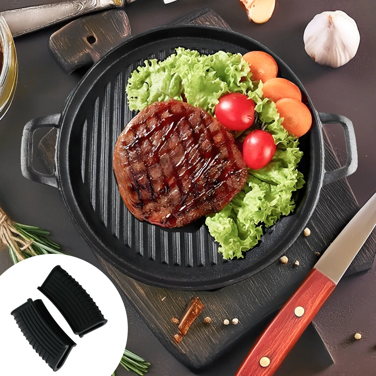 Cast Iron Grill Pan 30 cm Two Side Handles Silicone Sleeve Gas Induction Tikka Kebab