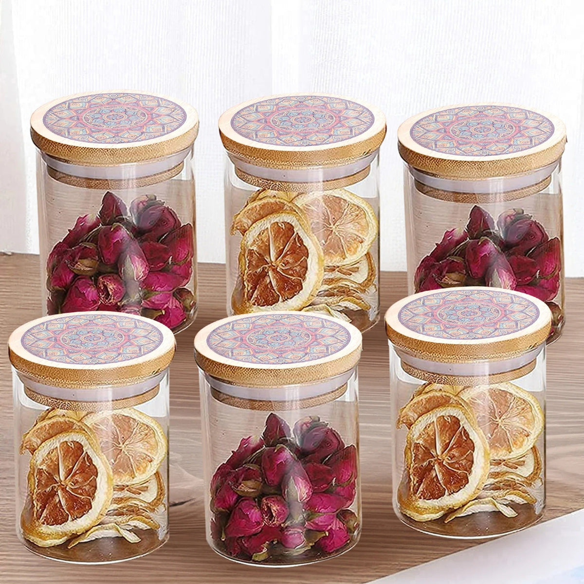 Pack of 6 Glass Kitchen Containers 300 ml, Airtight, Printed Bamboo Lids