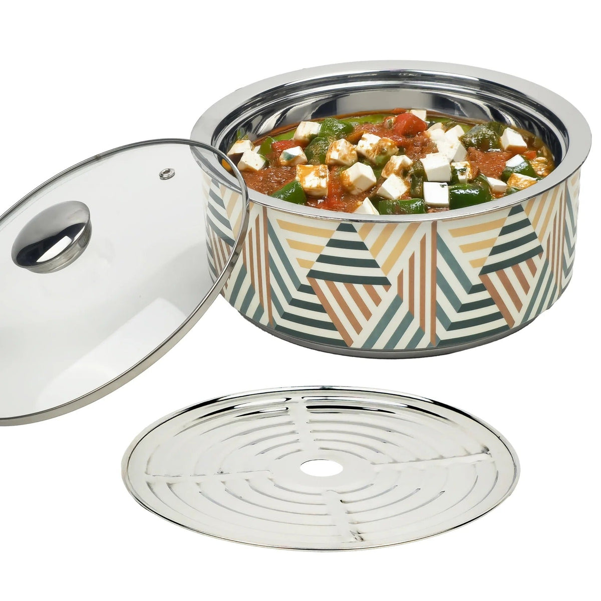 Serving Casserole 2.5L Insulated Stainless Steel Hot Box for Curry Rice Round Antique Geometric
