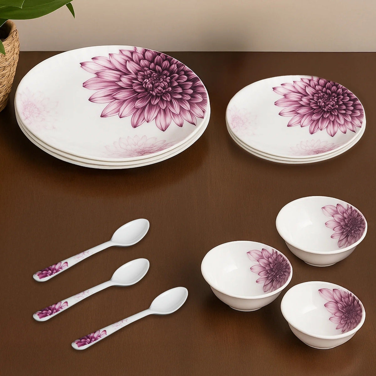 Melamine Dinner Set Pack of 12 Purple White Floral Design Serves 4
