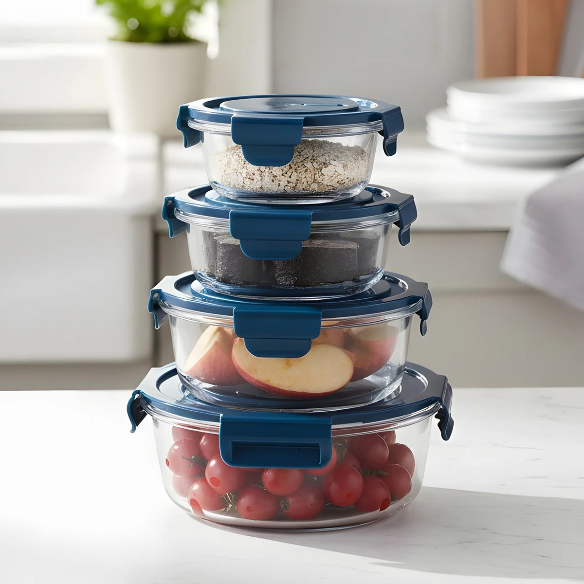 Borosilicate Glass Containers Set of 4, Round, 420 ml 660 ml 950 ml 1300 ml, Airvent Lid