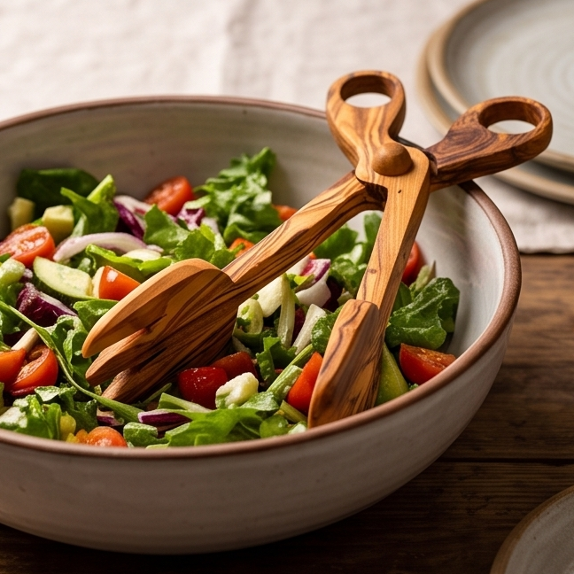 Olive Wood Salad Tongs | Wooden Serving Cooking Scissors Spoon Fork Food Clamps