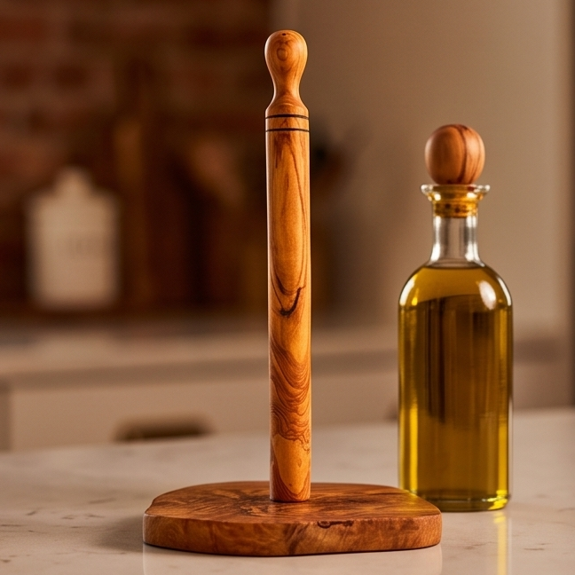Handcrafted Olive Wood Paper Towel Holder (30 cm) | Standing Roll Dispenser
