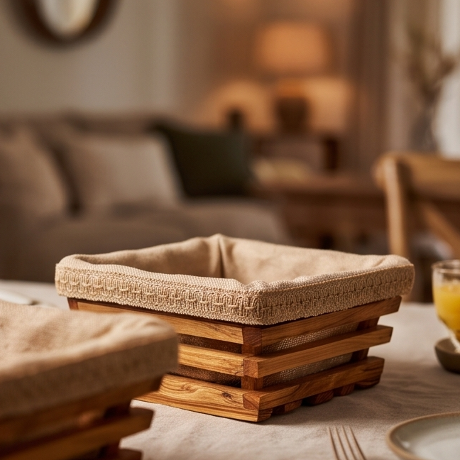 Handcrafted Olive Wood Bread Basket with Removable Fabric Liner | Rustic Tray