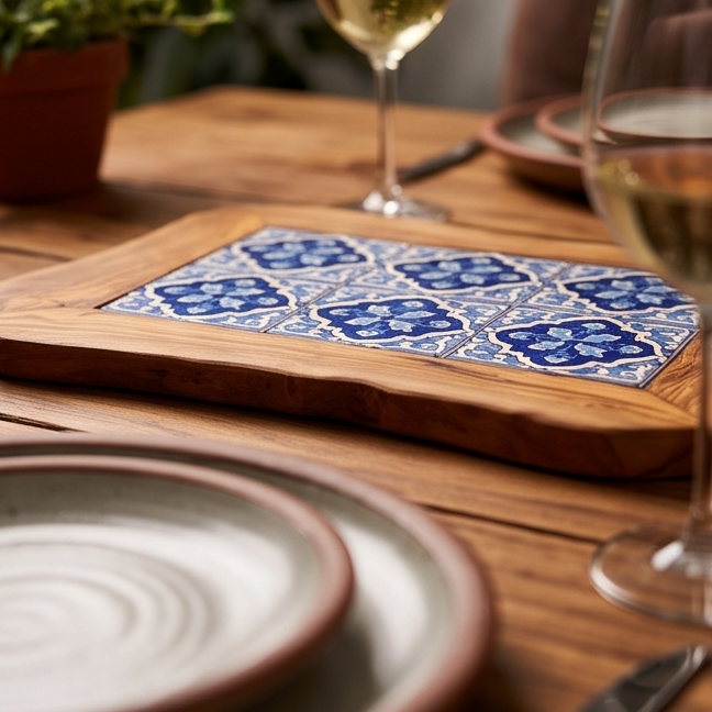 Rustic Olive Wood Ceramic Tray with Handle