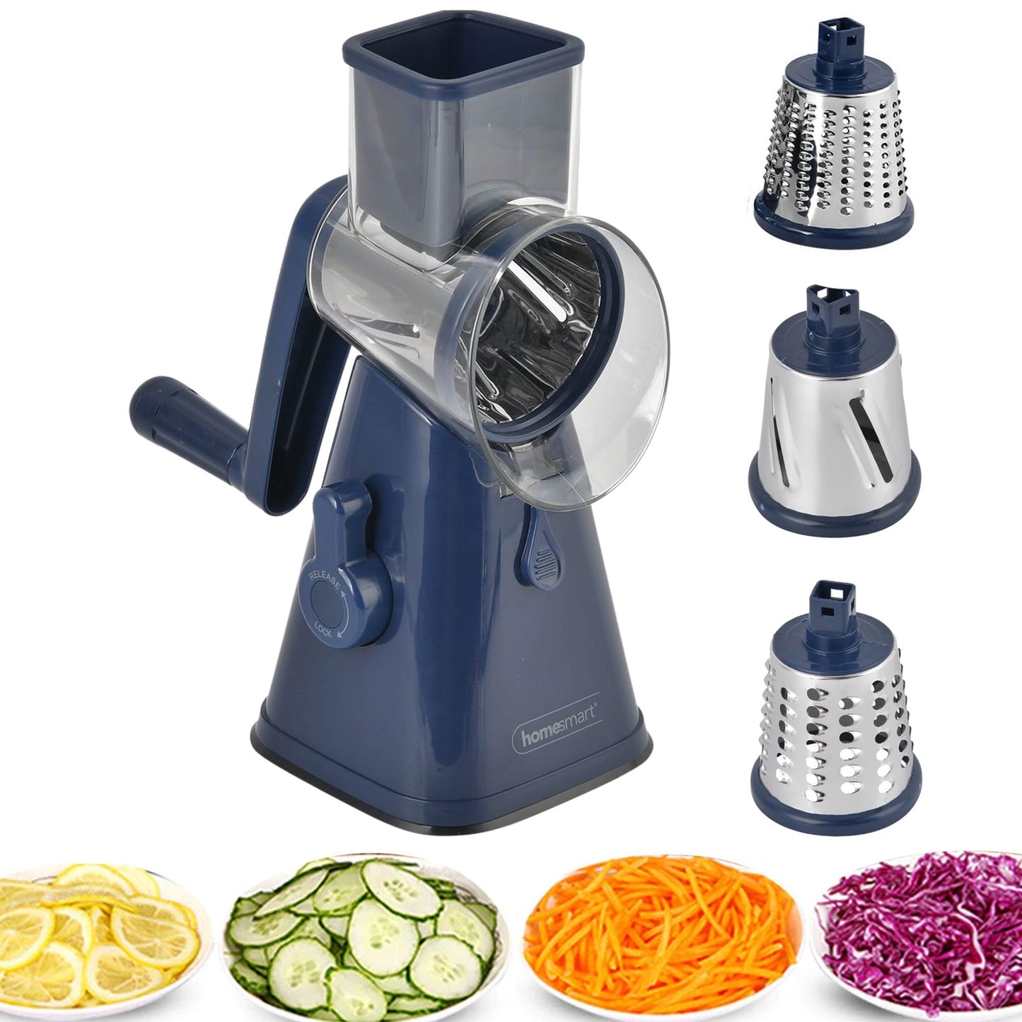 3 in 1 Rotary Cheese Grater SS Handheld Fruit Vegetable Slicer Shredder 3 in 1 Rotary Cheese Grater – Multifunctional Slicer and Shredder with Easy-to-Swap Stainless Steel Interchangeable Rotating Drum Blades for Effortless Kitchen Prep Tool(Blue)