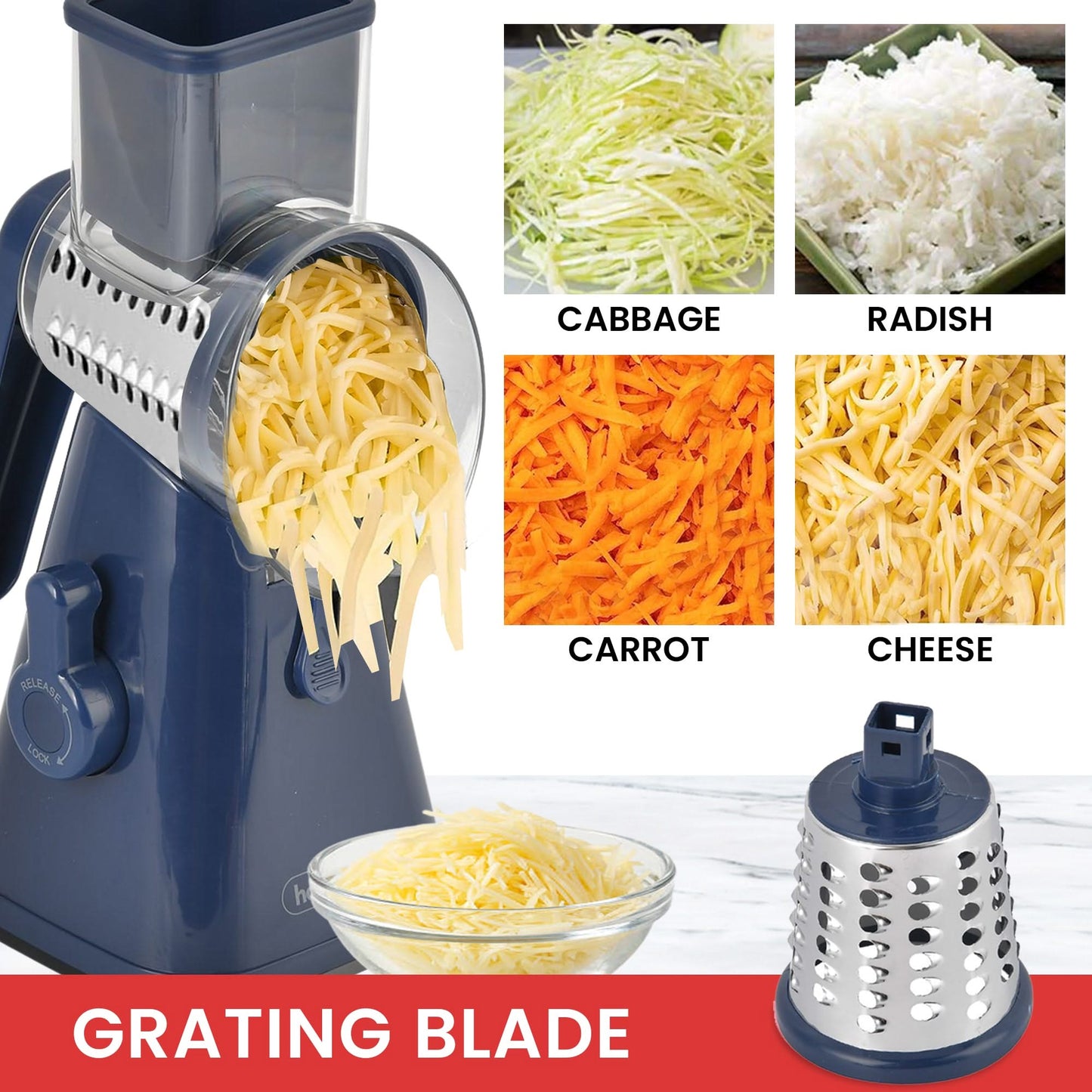 3 in 1 Rotary Cheese Grater SS Handheld Fruit Vegetable Slicer Shredder 3 in 1 Rotary Cheese Grater – Multifunctional Slicer and Shredder with Easy-to-Swap Stainless Steel Interchangeable Rotating Drum Blades for Effortless Kitchen Prep Tool(Blue)