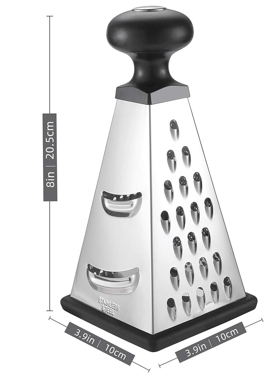 Multifunctional Stainless Steel 4-Sided Pyramid Kitchen Grater with Non-Slip Base and Ergonomic Handle – Ideal for Grating, Slicing, and Zesting Fruits, Vegetables, Cheese, and Garlic(Silver, Black)