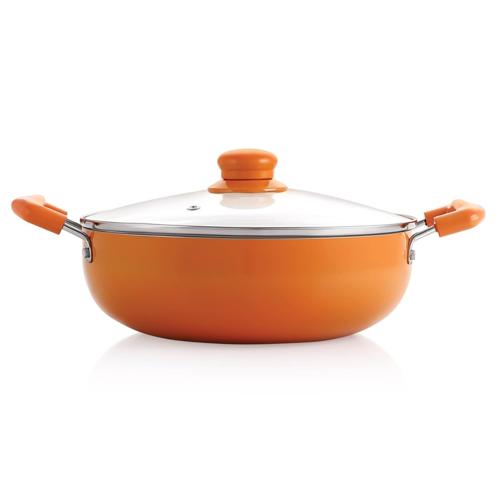 Ceramic Non Stick Induction Aluminium Kadhai With Glass Lid, 2.25 L, Orange