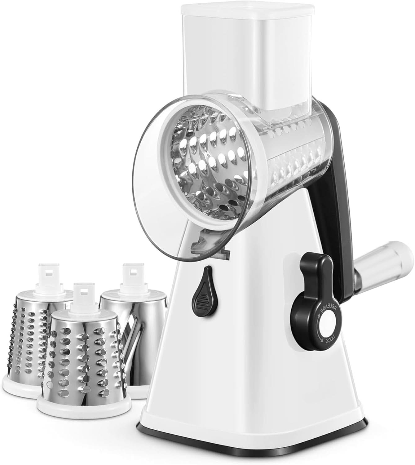 3 in 1 Rotary Cheese Grater – Multifunctional Slicer and Shredder with Easy-to-Swap Stainless Steel Interchangeable Rotating Drum Blades for Effortless Kitchen Prep Tool