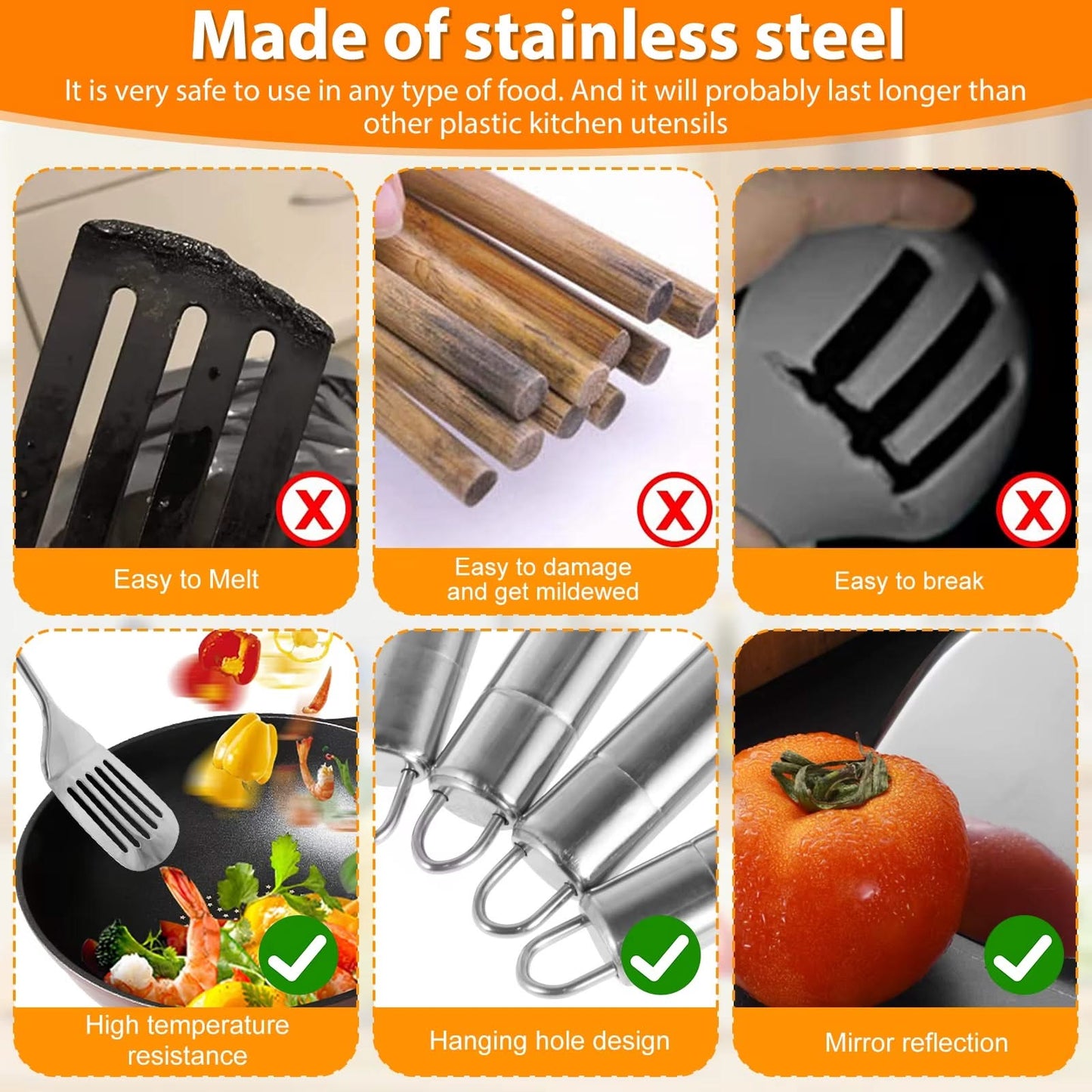 5/10-Piece Stainless Steel Kitchen Utensils Set – Reusable Cooking Tools with Hanging Holes, Includes Spoons, Spatulas, and More