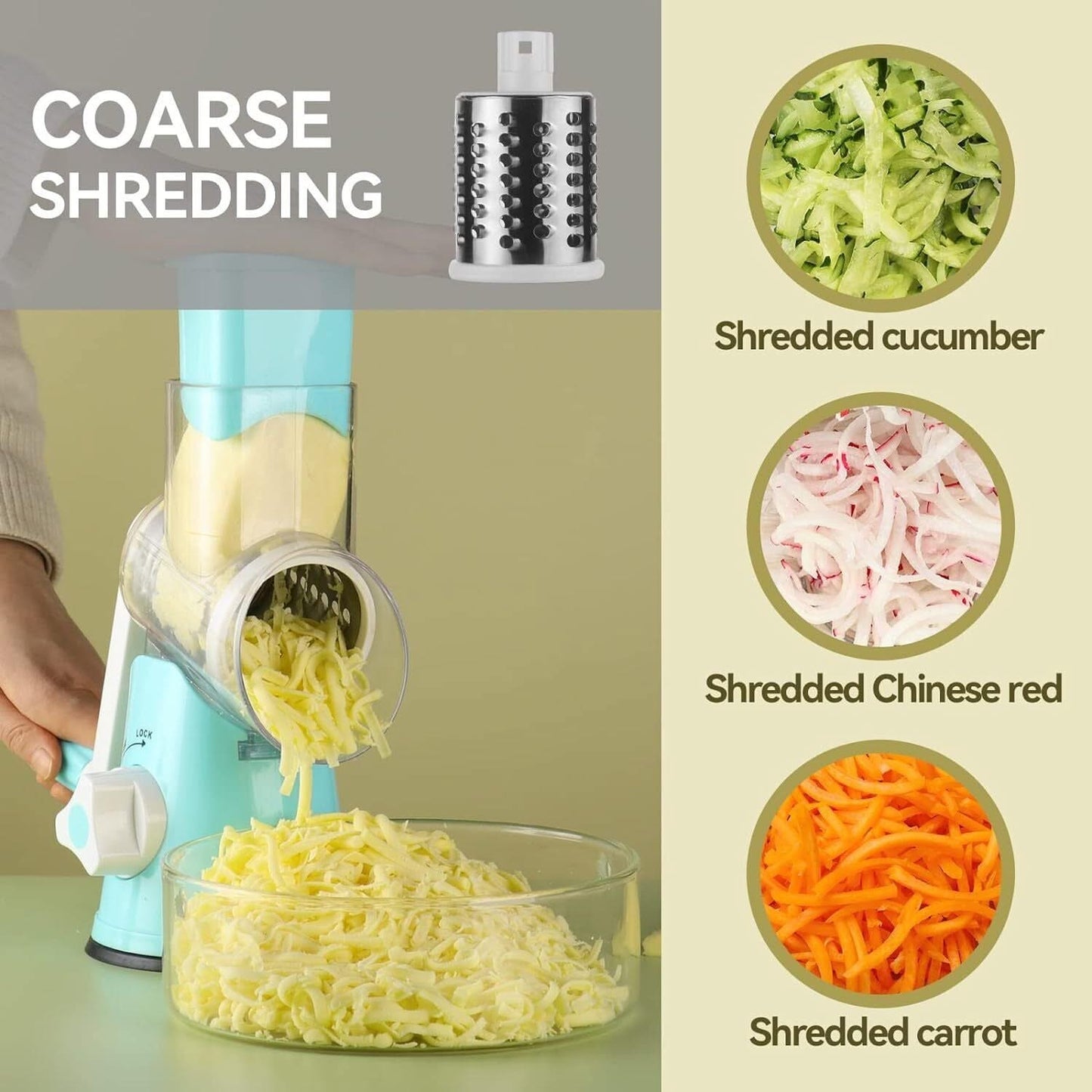 3 in 1 Rotary Cheese Grater – Multifunctional Slicer and Shredder with Easy-to-Swap Stainless Steel Interchangeable Rotating Drum Blades for Effortless Kitchen Prep Tool(Sky Blue)