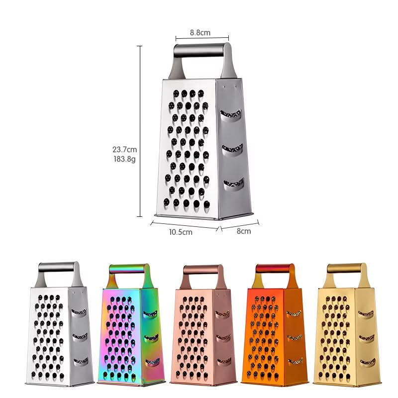 4-Sided Rectangular Stainless Steel Kitchen Grater & Zester with Handle – Versatile Food Shredder for Cheese, Potatoes, Vegetables, and More (Available in Gold, Orange, Rose Gold, Rainbow, Champagne Gold and Silver)