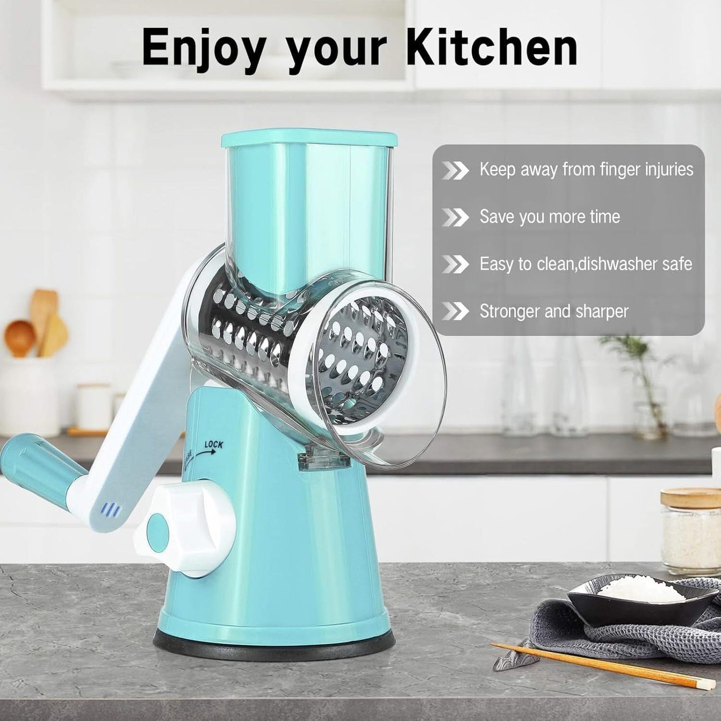 3 in 1 Rotary Cheese Grater – Multifunctional Slicer and Shredder with Easy-to-Swap Stainless Steel Interchangeable Rotating Drum Blades for Effortless Kitchen Prep Tool(Sky Blue)
