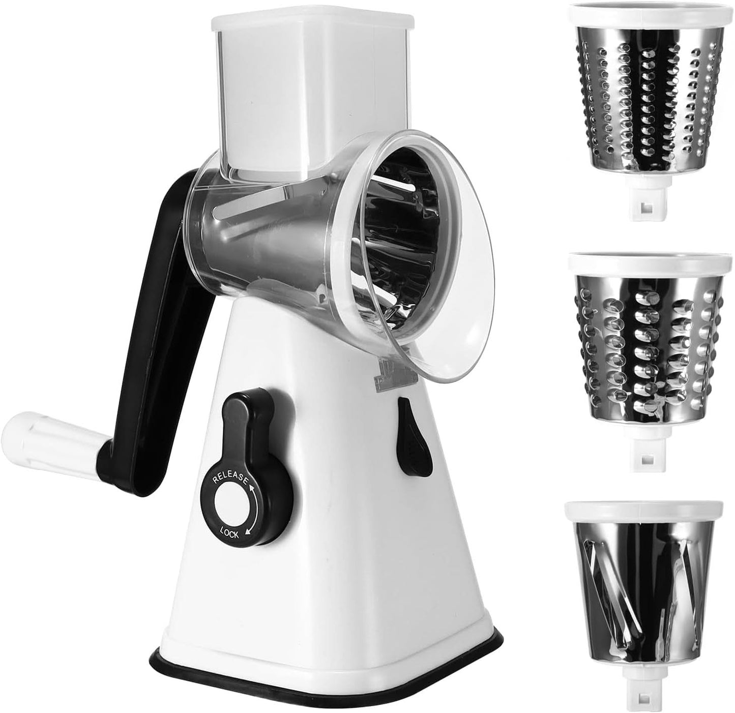 3 in 1 Rotary Cheese Grater – Multifunctional Slicer and Shredder with Easy-to-Swap Stainless Steel Interchangeable Rotating Drum Blades for Effortless Kitchen Prep Tool
