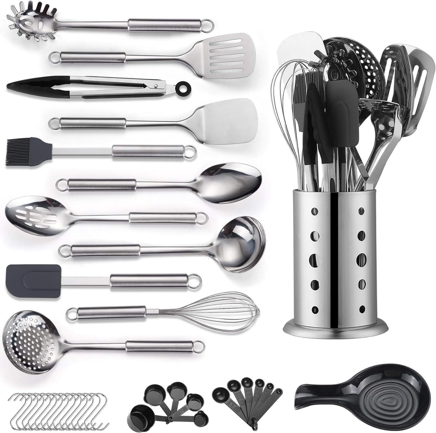 38-Piece Stainless Steel Cooking Utensils Set – Includes Spoons, Spatulas, and Sturdy Utensil Holder, Dishwasher Safe