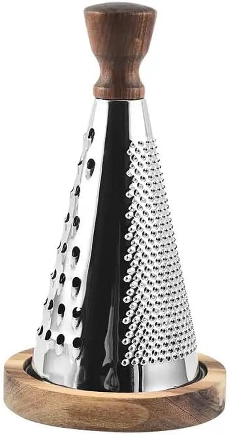 Multi-functional Stainless Steel Cone-Shaped Cheese Grater with Container and Wooden Handle – Perfect for Parmesan Cheese, Vegetables, and Fruits in a Vintage Style