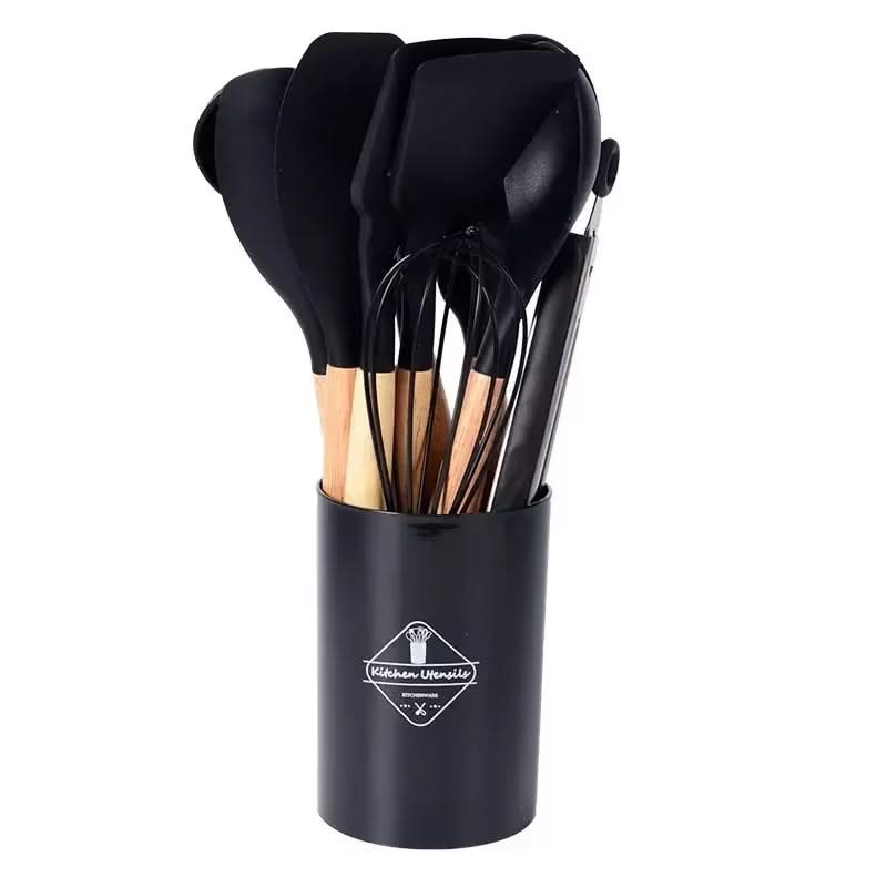 12-Piece Silicone Kitchen Utensils Set – Heat-Resistant Cooking Tools with Wooden Handles, Includes Non-Stick Spatulas, Spoons, Whisk, and Spoons for Everyday Use