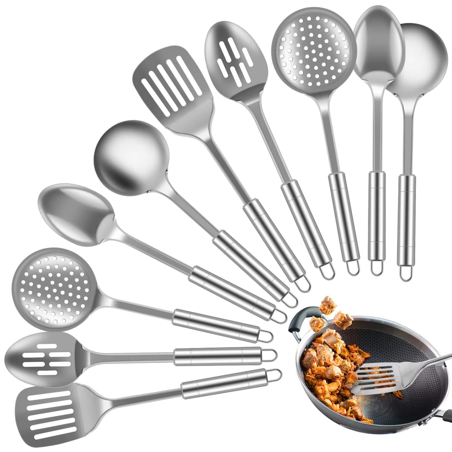 5/10-Piece Stainless Steel Kitchen Utensils Set – Reusable Cooking Tools with Hanging Holes, Includes Spoons, Spatulas, and More